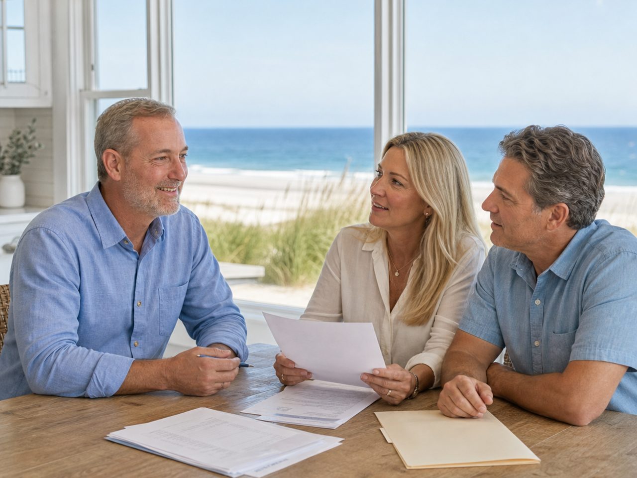 Seegers Group agent reviewing rental paperwork with homeowners at a kitchen table overlooking the beach