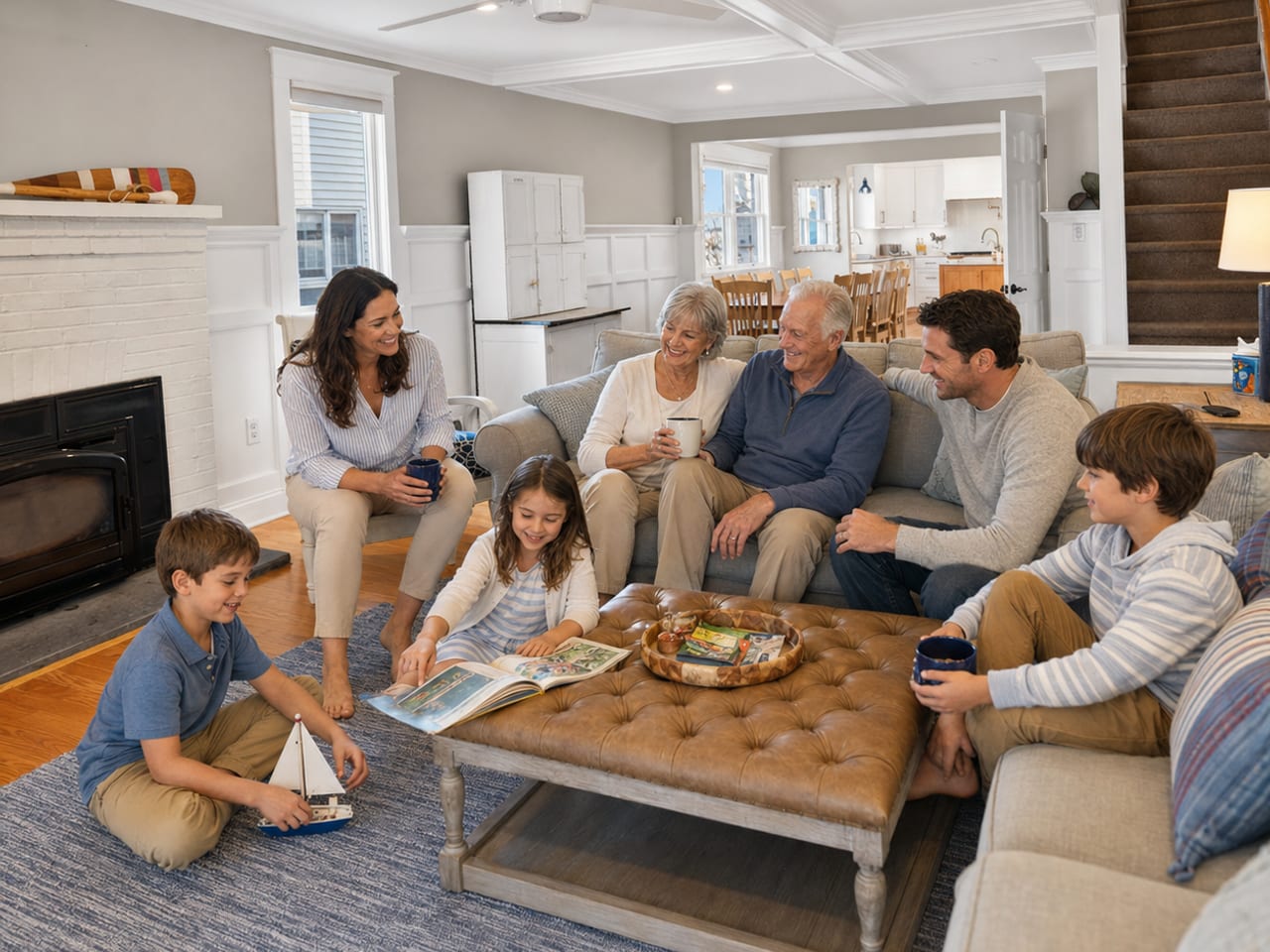 Three generations of a family relaxing together in the living room of a Long Beach Island vacation rental