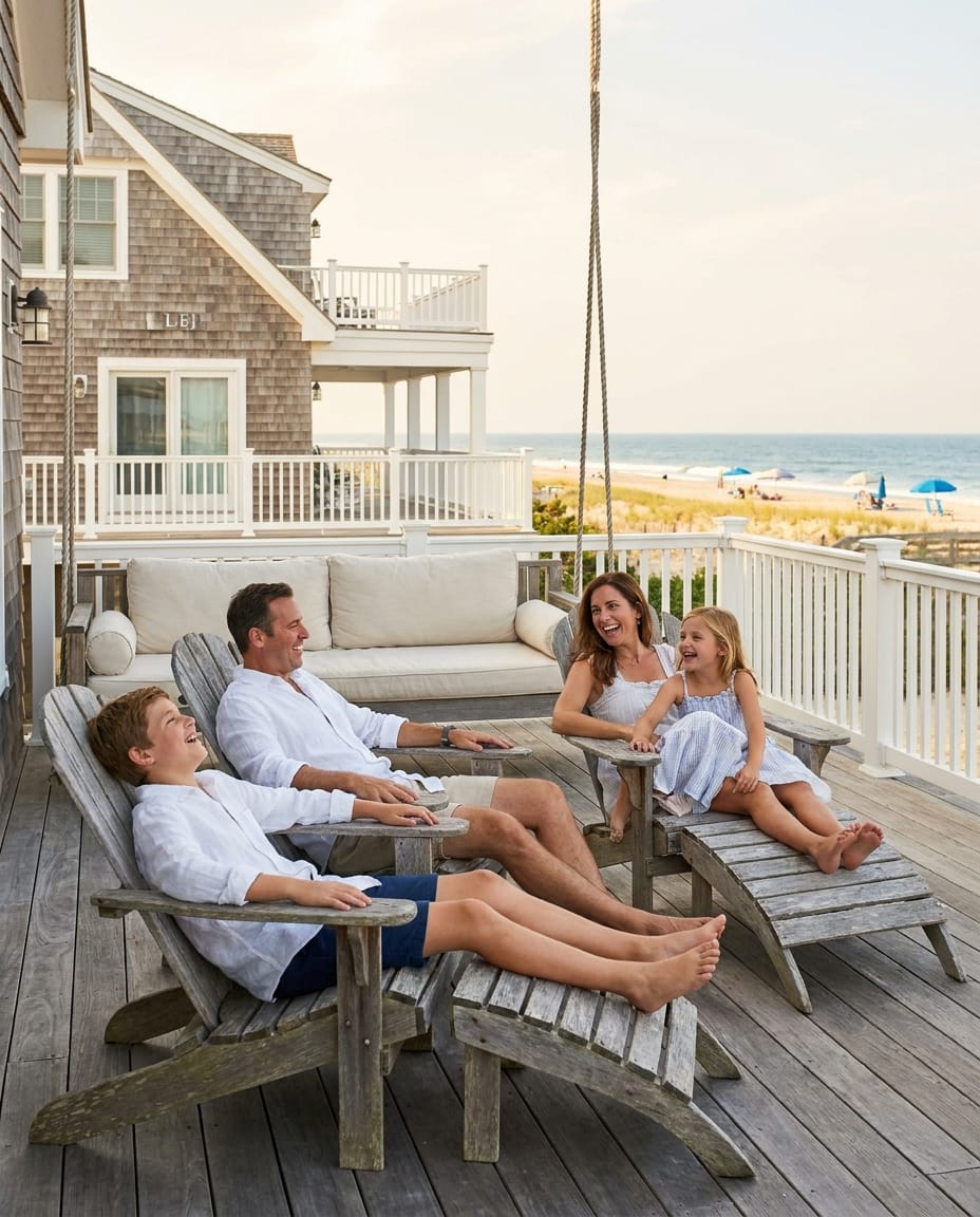 Family enjoying the deck of an oceanfront beach house on LBI